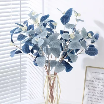 6 pezzi di steli di eucalipto finto-Spray verde artificiale blu con semi di dollaro d'argento per decorazioni per la casa, cucina, composizioni di vasi 1