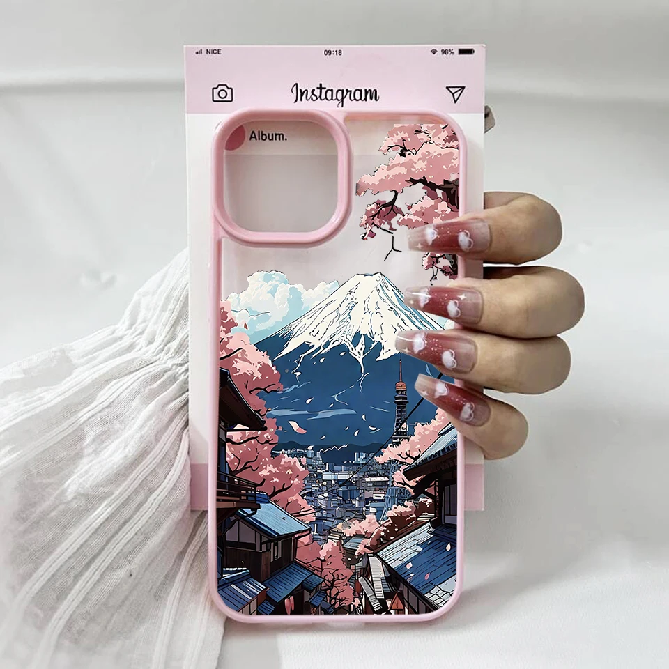 Anime-Inspired Sunset Mountain Landscape Pink Phone Case – Stylish Hard Cover
