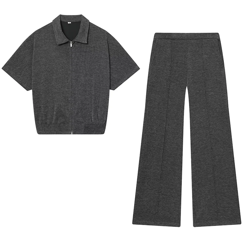 Fashion Pants Sets For Women Summer New Slim Lapel Zipper Short Sleeve Top Wide Leg Pants 2 Piece Set Casual Woman Outfits