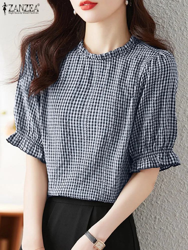 

Vintage Grid Plaid Blouse ZANZEA Summer Checked Print Shirt Women Short Sleeve O-Neck Tunic Tops Elegant OL Work Shirt Mujer