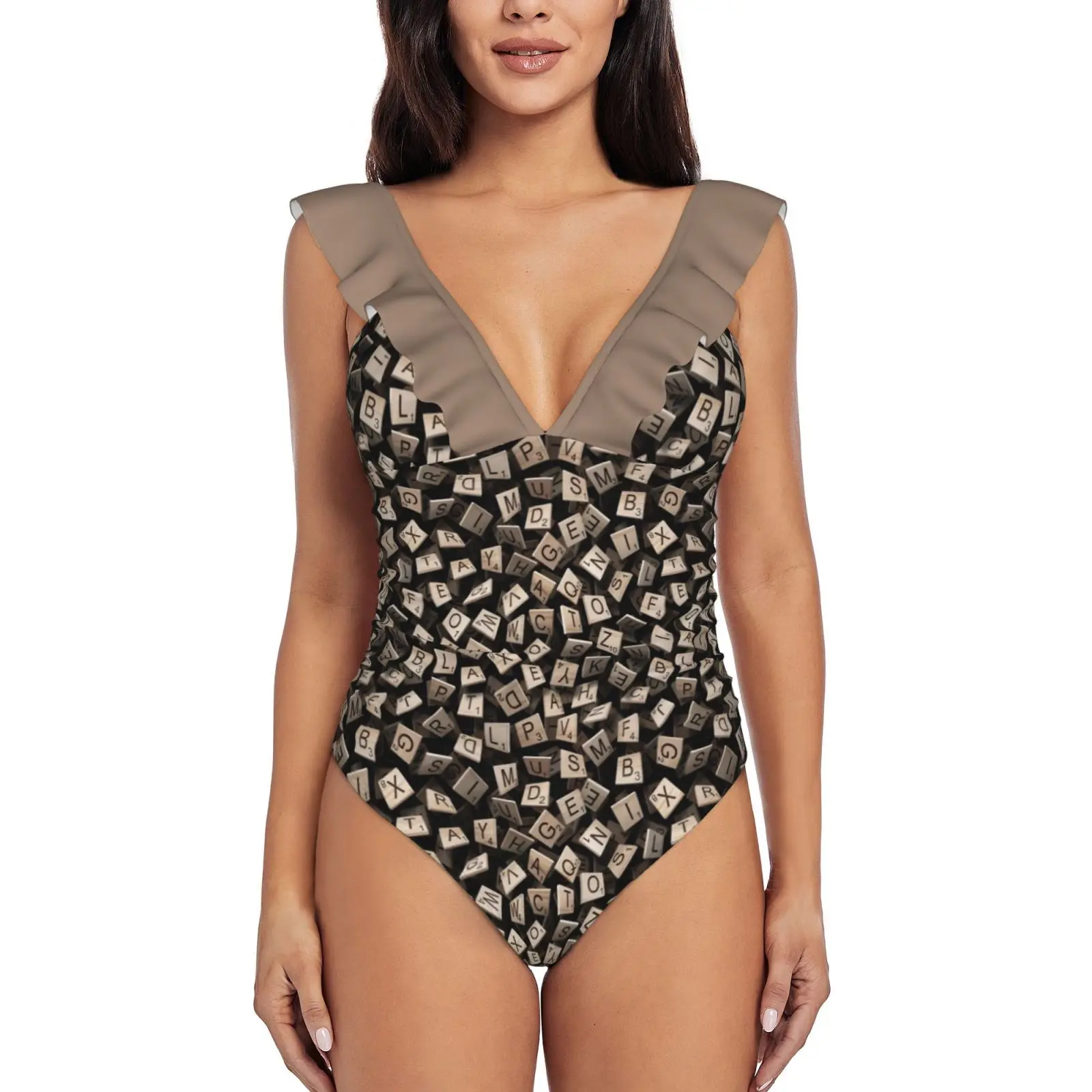 Scrabble Tile Madness New Print Swimwear Deep-V Ruffle Costume Intero Costume Da Bagno Beach Wear Monokini Scrabble Tile Letters