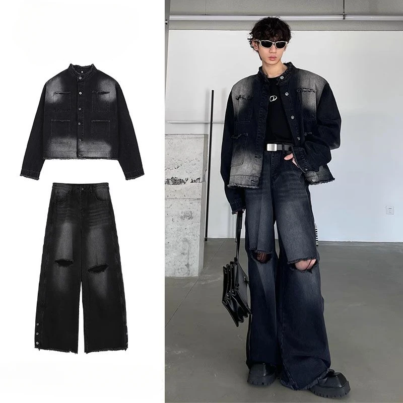 Vintage Two Piece Set American Retro Gradient Denim Jacket+retro Distressed Design Denim Pants Set Punk Gothic Jeans Tracksuits