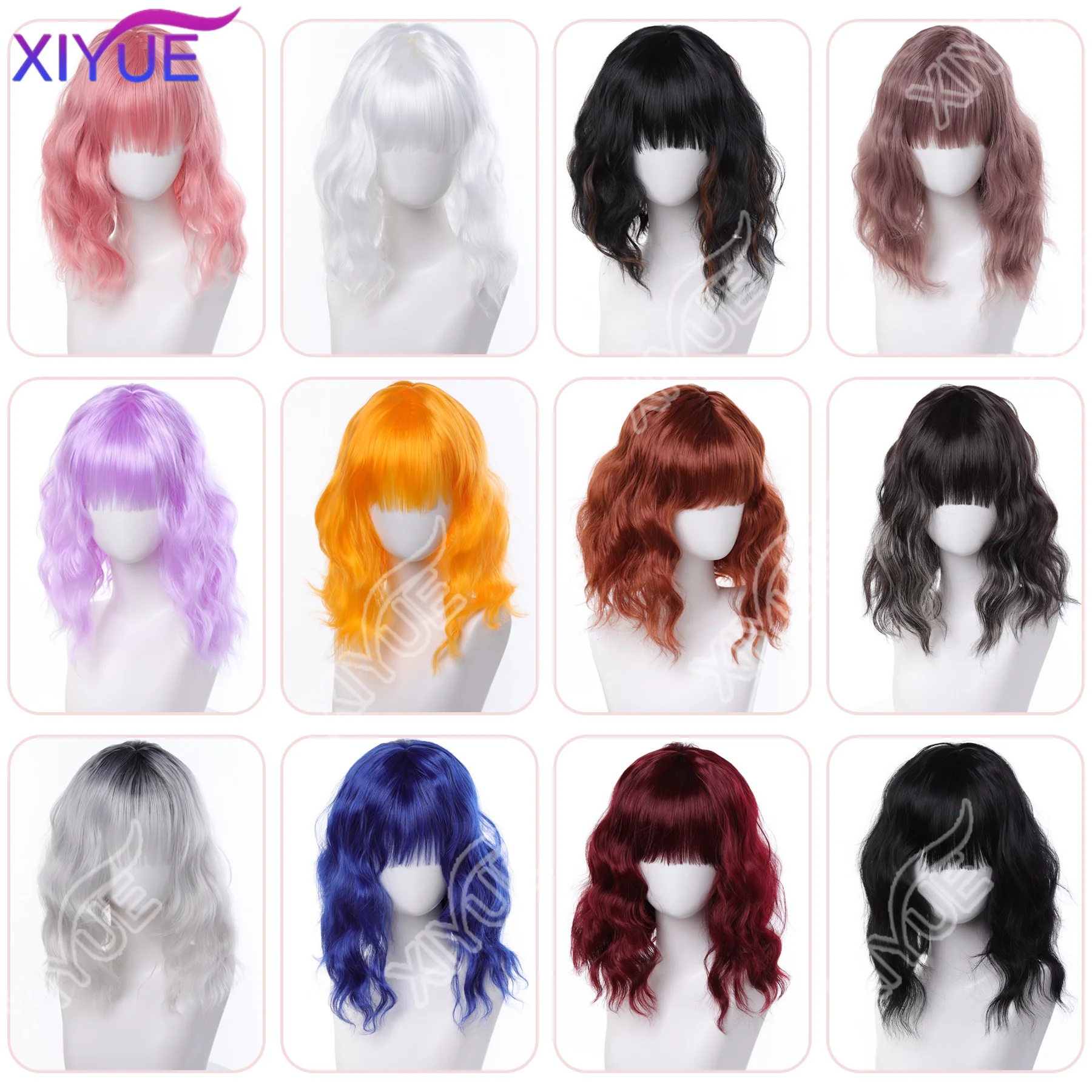 XIYUE Natural Brown Synthetic Curly Wavy Bob Wig with Bangs for Women cosplay wigs pink/black/blue/purple/red brown wig