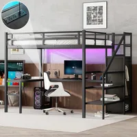 Metal Full XL Loft Bed with Desk and Wardrobe, Storage Stairs, LED Lights, USB Port, Heavy Duty Space Saving Children's Wardrobe 1
