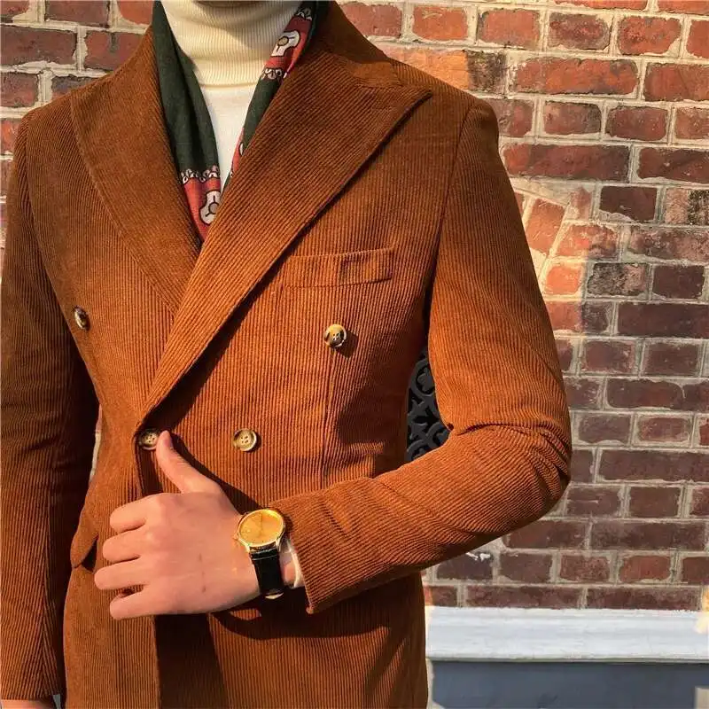 Autumn Winter Italian Men Corduroy Blazer Luxe Slim Fit Double Breasted Groom Suit Jacket Wedding Dinner Prom Tuxedo Coat
