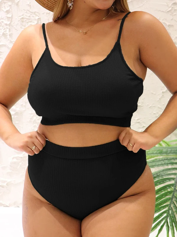 2026 Ribbed Bikini High Waist Large Plus Big Size Swimsuit Women Solid Swimwear Female Bathers Bathing Swimming Swim Suit 4XL