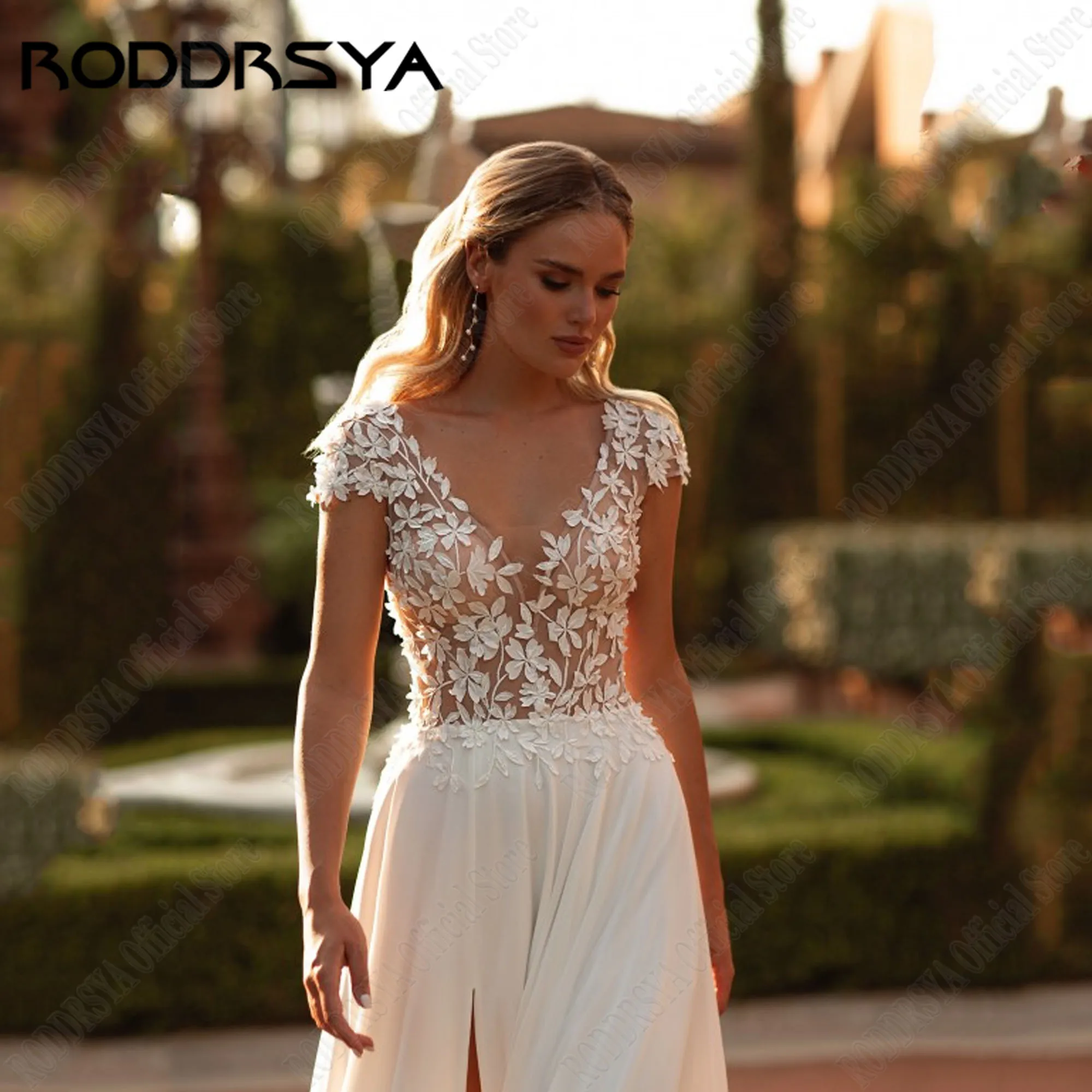 RODDRSYA Wedding Dress Chiffon Cap Sleeves Applique Double V-Neck Bride Gowns Side Split Vestidos Novias Boda Sweep Train Custom 4