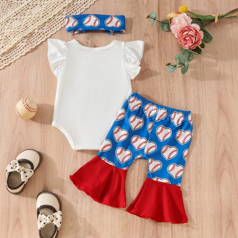 2024-03-19 Lioraitiin Infant Baby Girl Outfit Letter Flying Sleeve Romper with Baseball Pattern Flare Pants Headband 3Pcs Outfit