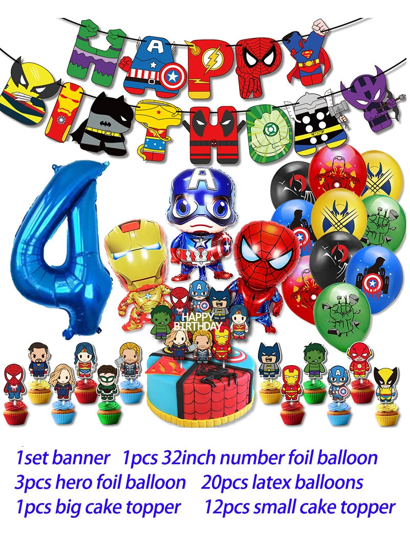 thumbnail image 1 of Decoración para fiesta de cumpleaños de superhéroes Globo de Los Vengadores Spiderman Iron Man Hulk Suministros para fiesta Vajilla Banner Telón de fondo, 1 of 5