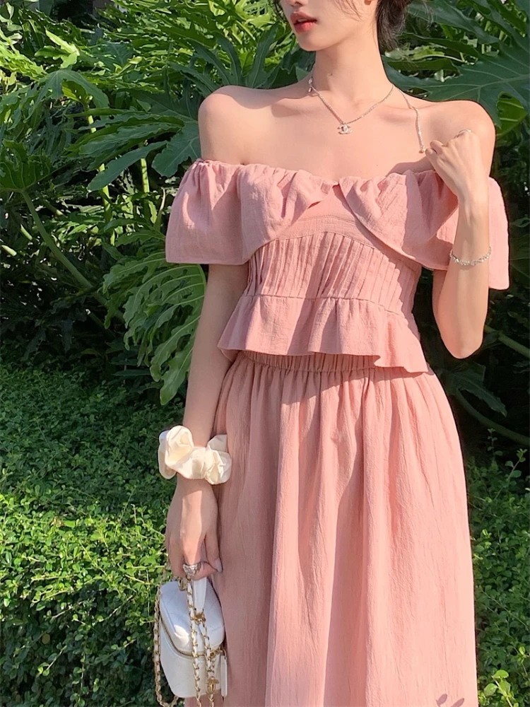 

Summer Two Piece Set Women Flying Sleeve Off Shoulder Crop Top + Cotton Linen Split Midi Skirt Suits Elegant 2 Piece Sets