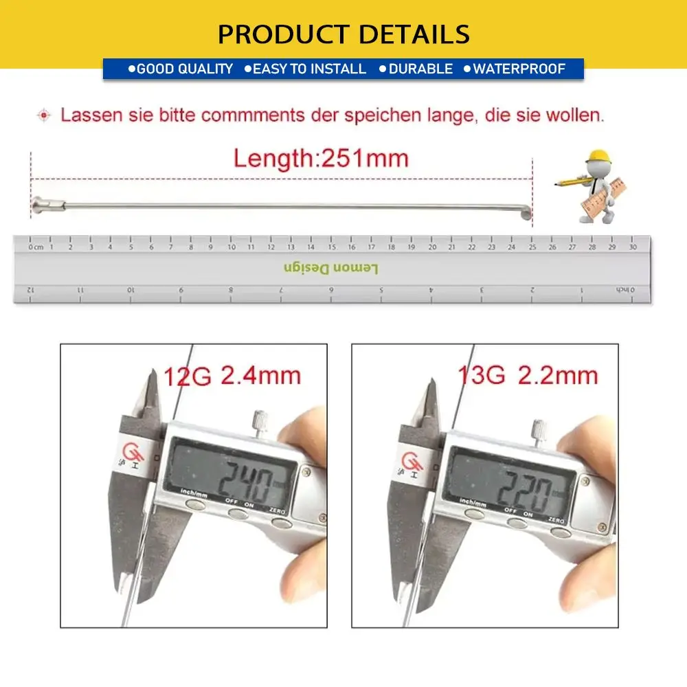 2PCS Electric Bike Spoke 12G 113-251MM Stainless Steel Bicycle Bike Accessories MTB Silvery Spoke with Nipple Outdoor Sports