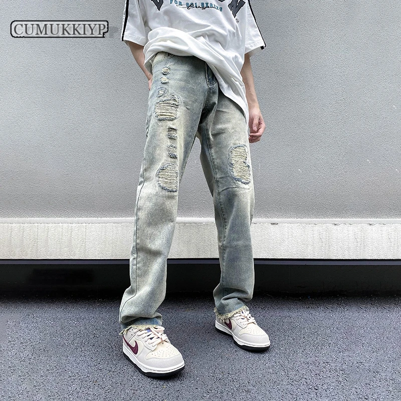 CUMUKKIYP Ripped Jeans Men Y2k Baggy Streetwear Straight Fashionable Wide Leg Denim Pants Washed Vintage Light Blue