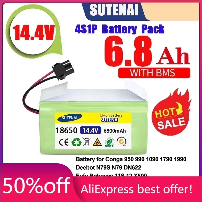 

14.4V 6.8Ah Li-ion battery for Cecotec Conga Excellence 950 990 1090 Ecovacs Deebot DN621 601/605 Eufy RoboVac 35C Panda i7 V710