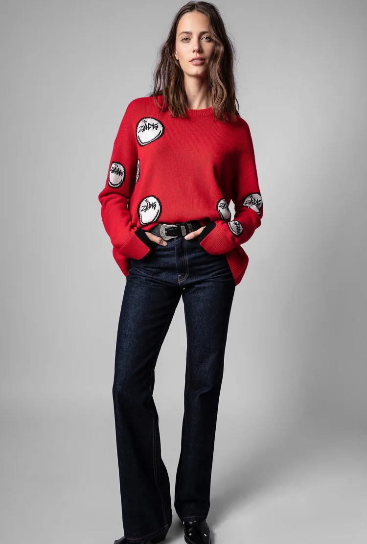 Letter Graphic Cashmere Sweater  Women’s Round Crewneck o-Neck Wool Cosy Pullover Casual Vintage Classic Sweaters Smiley woolen Jumpers for woman in red Fall Autumn Winter Spring womens fashion season Clothes 