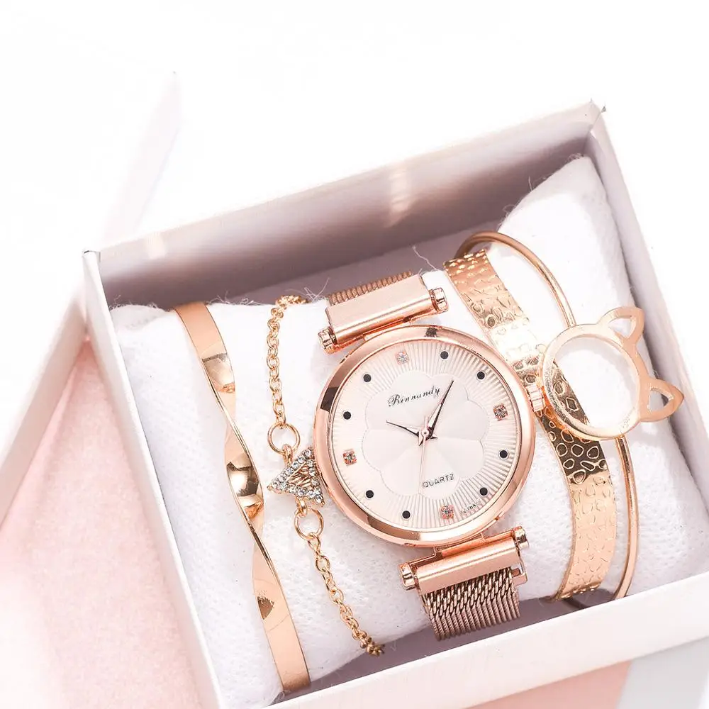 

5PCS Bracelet Watches Set Fashion Women Rose Gold Mesh Belt Wristwatches Quartz Watch for Women Business Clock Relogio Feminino