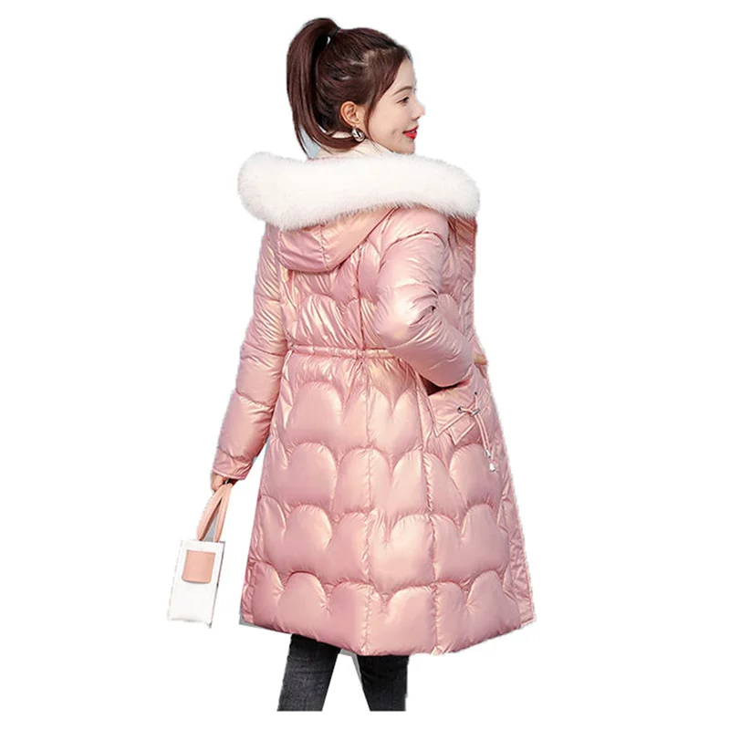 

2022 Winter New Wash-Free Shiny Down Cotton Padded Jacket Women's Waist Slim Padded Jacket Big Fur Collar Parka Long Down Pink