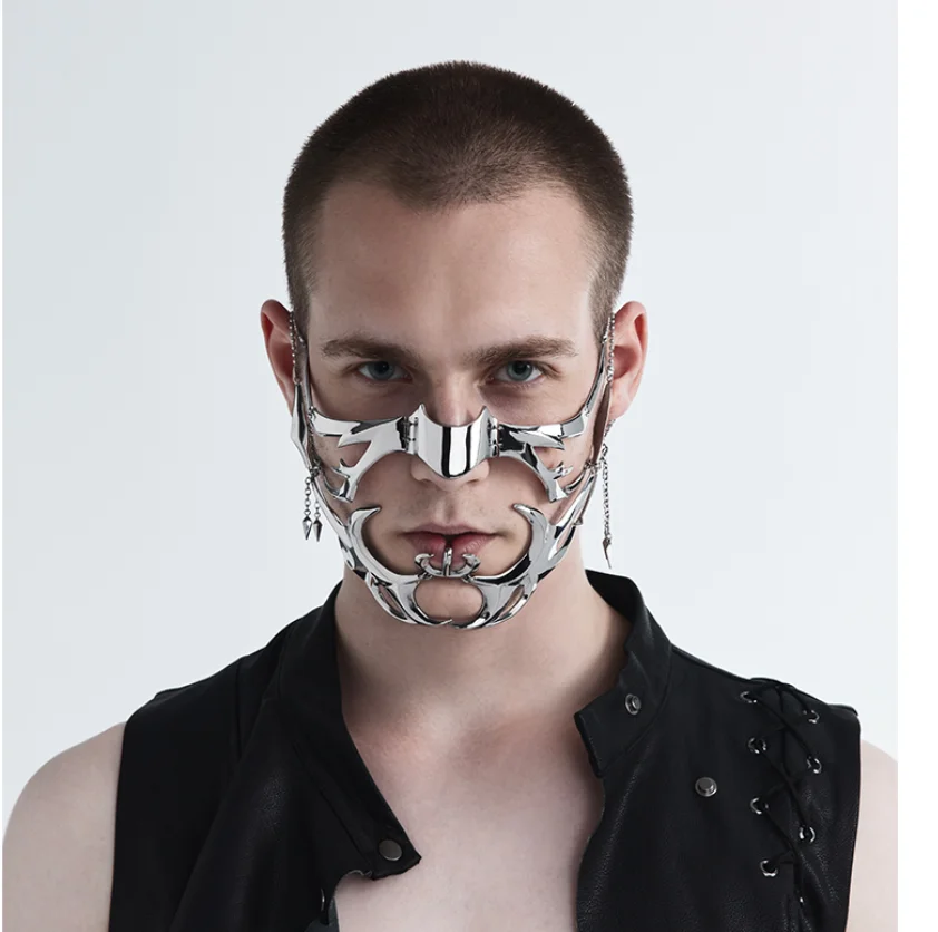 CyberPunk Mask Liquid Irregular Silver Color Hollow Titanium Steel Facial Accessories Earring for Women Men Party