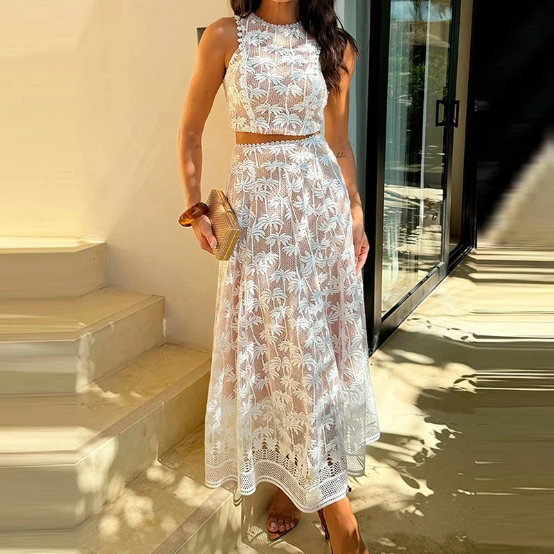 Women 2025 Solid Embroidery Two Piece Dresses Suit Lace Vacation Outfit  Summer Fashion O-Neck Sleeveless Tops&Long Skirts Set - AliExpress 200000345