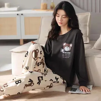 Women Plus Size Pajamas Long-Sleeved Silk Cartoon Students Homewear Two Sets Round Neck Tops and Trousers Sleepwear Loungewear