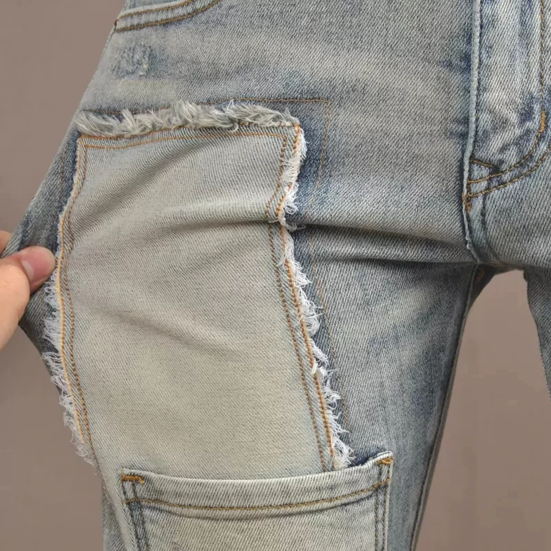 Men Retro Blue Ripped Jeans Autumn Streetwear Slim Fit Pencil Pants Casual Vintage Patchwork Patch Denim Trousers CP2025