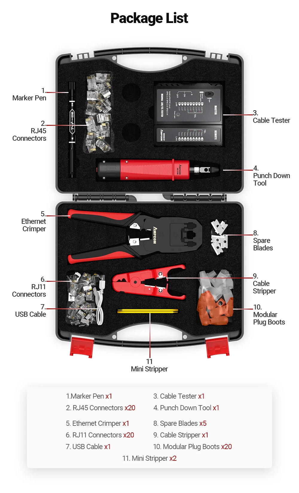 ampcom crimper lan tester conjunto de ferramentas ethernet cabo stripper soco para baixo ferramenta rj conectores em conjunto de reparo de cabeamento