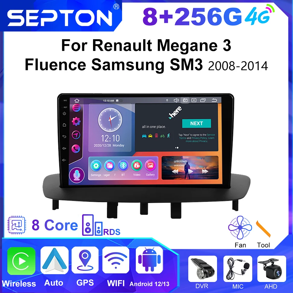 

SEPTON Car Radio Android Multimedia Player for Renault Megane 3 Fluence Samsung SM3 2008-2014 Navi Audio GPS 2Din Carplay WIFI