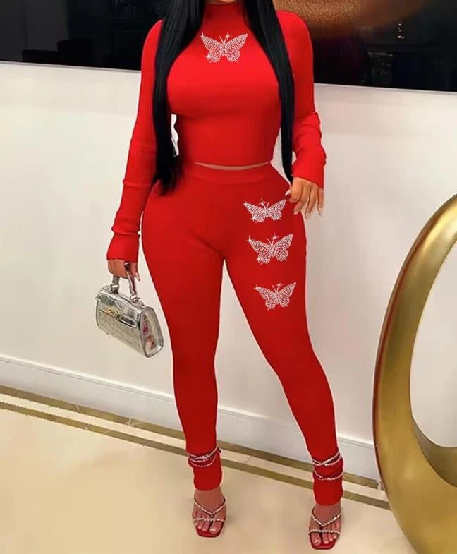 

Set Women 2 Piece Streetwear Butterfly Pattern Rhinestone Long Sleeves Top & Y2k Pants Suits for Female Versatile 2023 Autumn