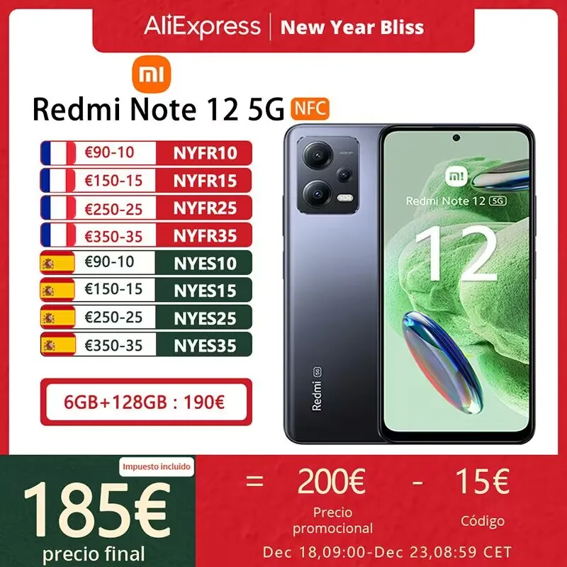Xiaomi Redmi Note 12 5G,NFC,AMOLED DotDisplay de 6,67″，120 Hz，Snapdragon® 4 Gen 1， CPU de ocho núcleosCámara de 48 MP，5000 mAh，Carga rápida de 33 W，Edición Global