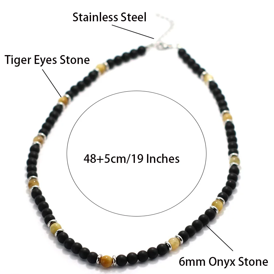 Men Natural Stone Necklace Stainless Steel Buckle Onyx Tiger Eyes Lava Beads