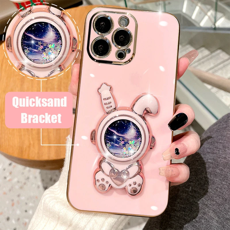 Pour iPhone 13 12 13 14 Pro Max 7 8 Plus 3D Quicksand Rabbit Bracket Case pour iPhone XR Xs Max X Glitter Fold Stand Placage Cover_voghion.com
