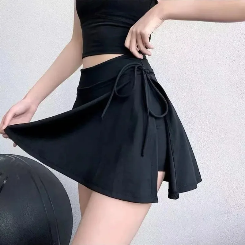 HOUZHOU Sports Tennis Skirt Women Quick Drying Pocket Side Split High Waist Elastic Lace-up Yoga Skirt Pants for Outwear Summer