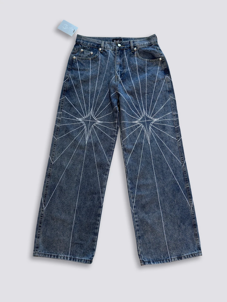 Blue Thug Club Embroidery Spider Web Pattern Jeans Men Women High 