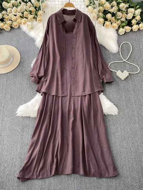 110077-c57066.jpg Robe chemise pour femmes musulmanes, ensemble deux pièces, costumes modestes solides, Ensemble musulman du Ramadan, Maroc, dubaï, Abayas, tenues islamiques Jalabiya