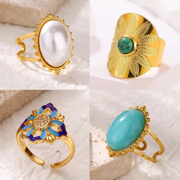 Geometric Imitation Pearl Rings for Women Stainless Steel Gold Color Double Layer Ring Aesthetic Wedding Fashion Jewelry