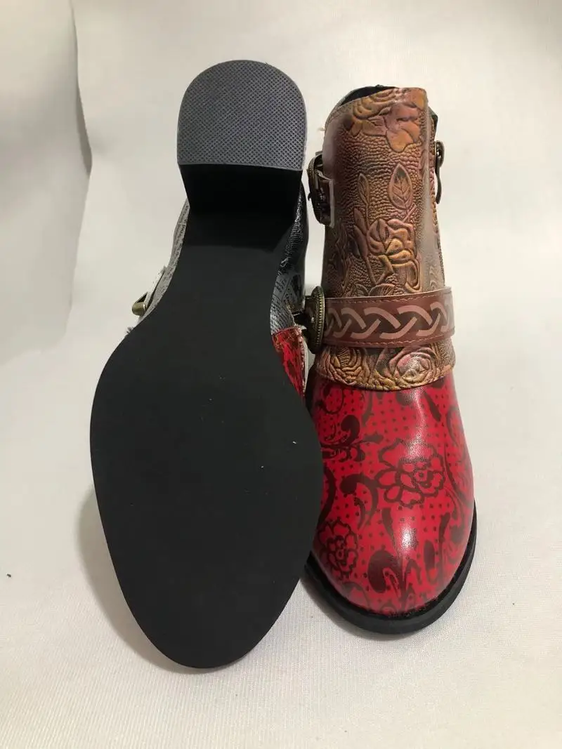 Women Ankle Boots Fashion Vintage Splicing Printed PU Leather Retro Block High Heels Zipper Big Size