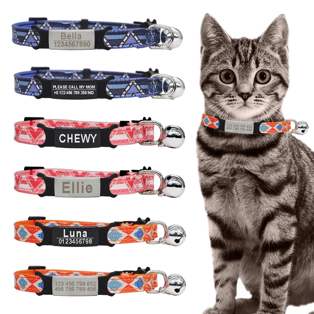 Personalized ID Cat Collar Tag Engraved Necklace with Bell Safety