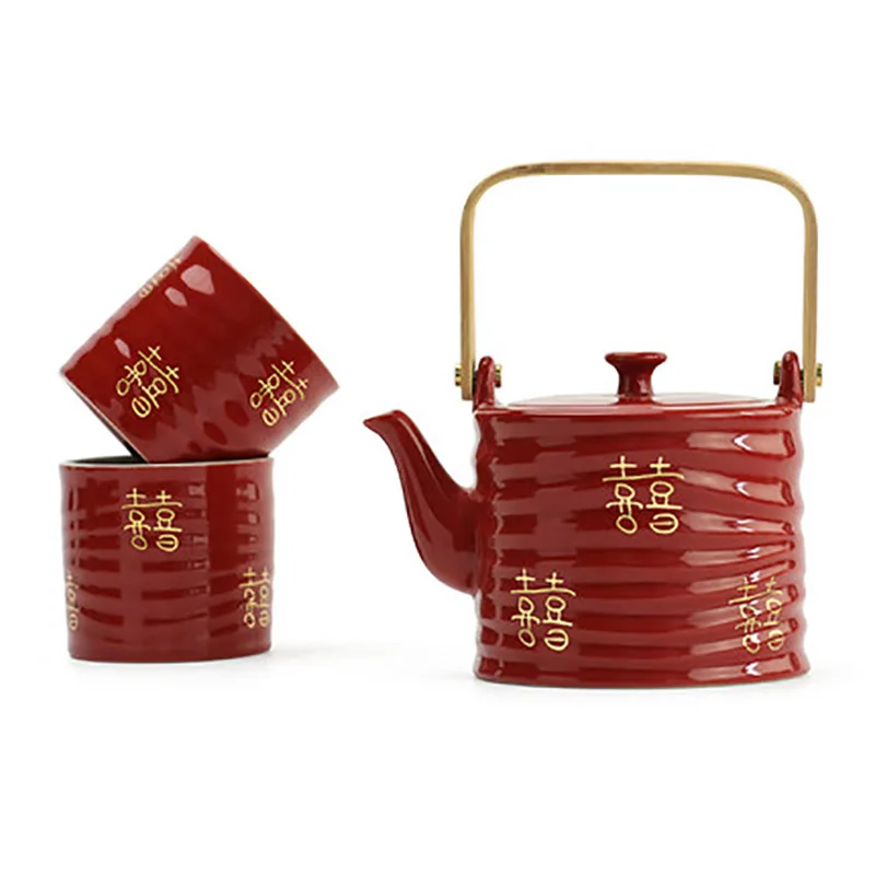 Household Ceramic Tea Pot Set, Teacup Teapot, Customized Chinese Red Wedding Supplies, Bride Gift, Dowry, Marriage Celebration