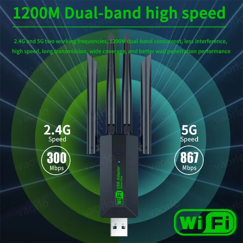 Original 4 Antennas 1200Mbps WiFi USB 3.0 Adapter 2.4G/5GHZ Dual Band WiFi Dongle Wireless Network Card 802.11AX For Win 10/11