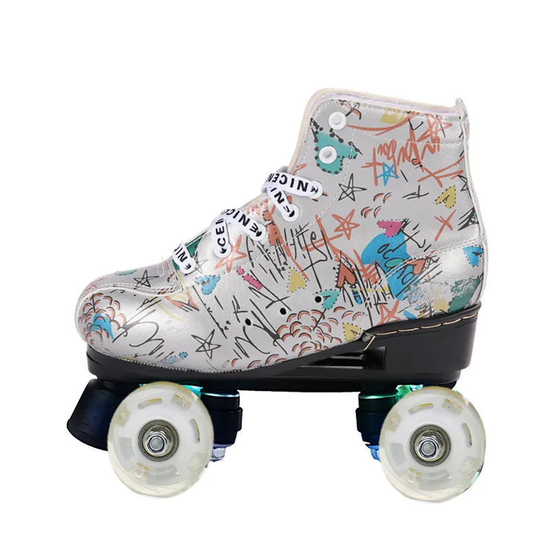 2022 Unisex Roller Skates Gray Double Row Skating Shoes with 4 PU Luminous Wheels Sliding Quad Skates Outdoor Sneakers