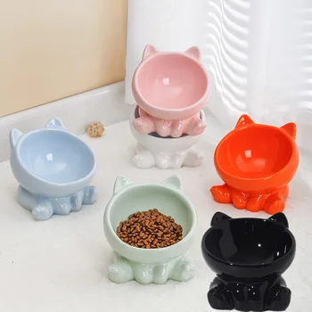 고양이 턱에 대한 음주 통합 그릇, 척추 보호, 높은 세라믹 개 검은 자궁 경부 귀여운 발 대각선