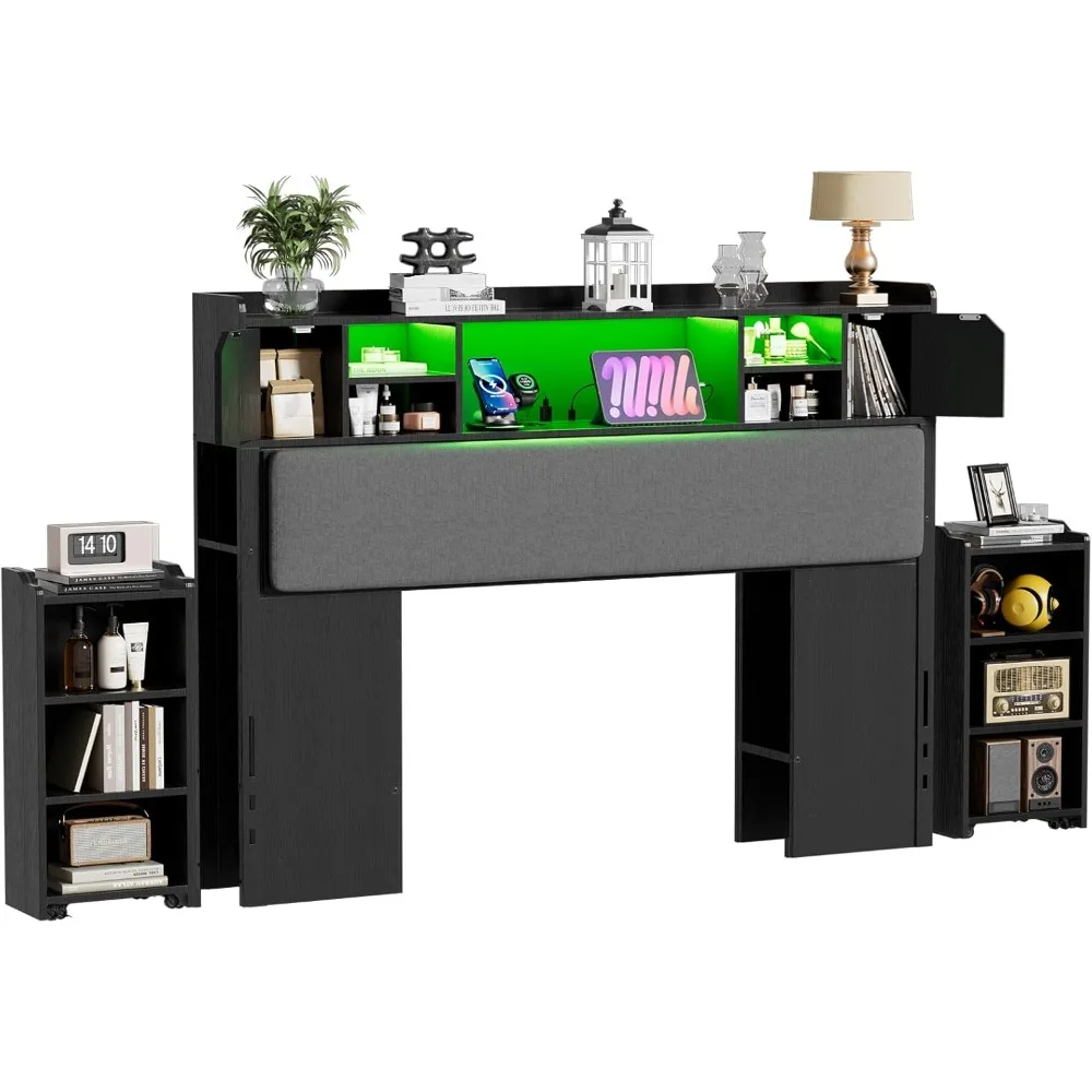 Headboard for Queen Size Bed, Upholstered Wood Bookcase Headboard with Slide Out Bedside Storage, Charging Station & LE