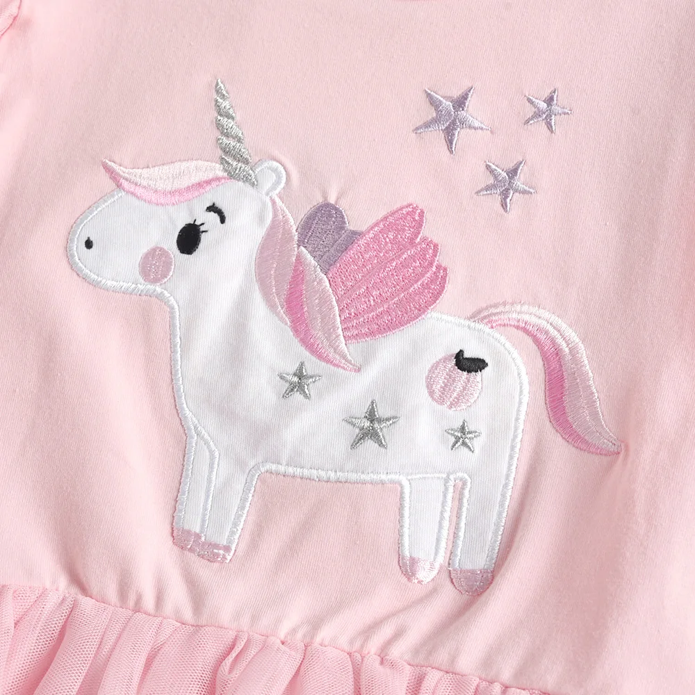 DXTON Children Unicorn Cartoon Embroidery T Shirt Kids Summer Short Shirt Girls Cotton Casual Ruffles T Shirt Children Costumes