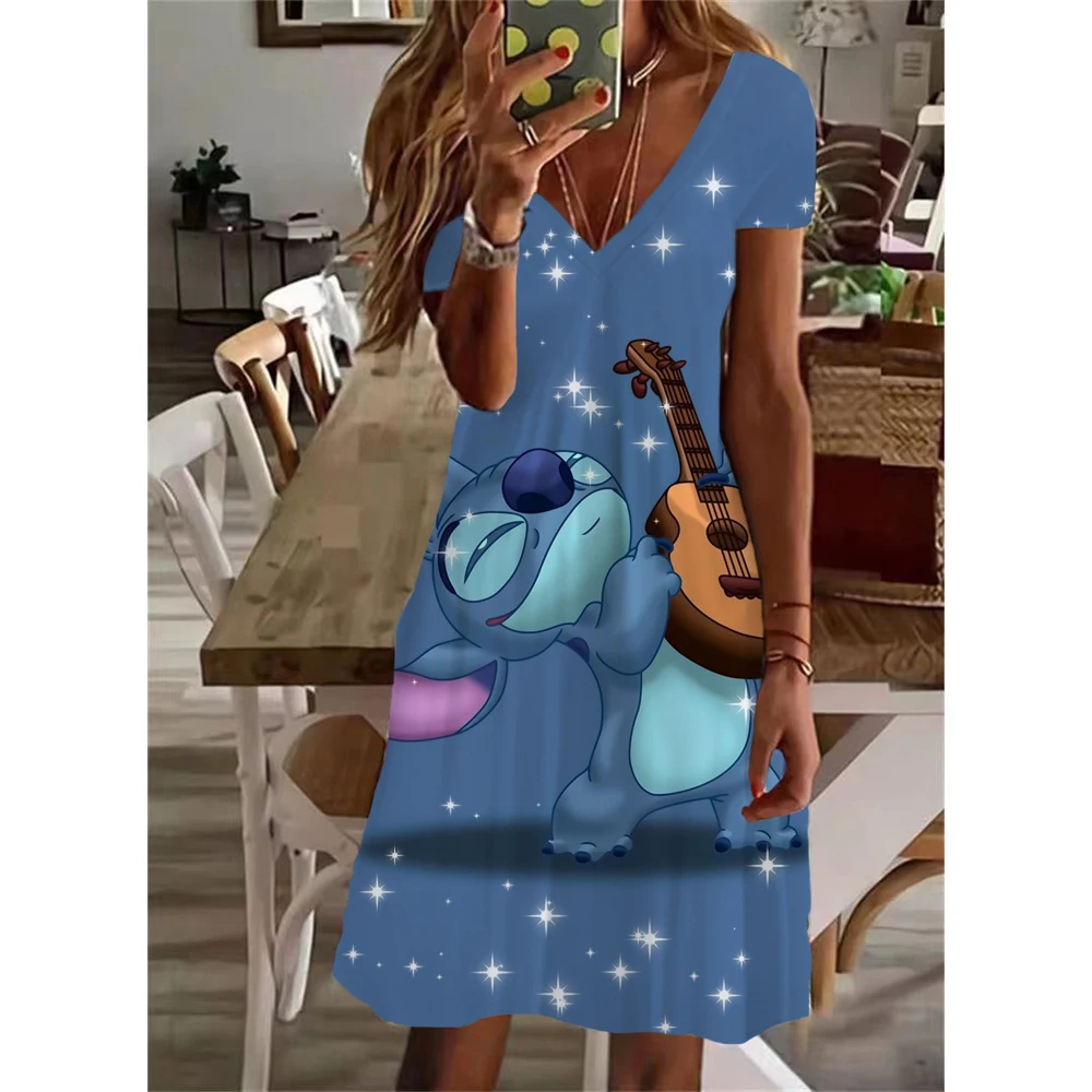 thumbnail image 1 of Vestido elegante informal con cuello en V y largo hasta la rodilla con estampado de Lilo y Stitch de Disney para mujer de verano Y2K 2024, 1 of 5