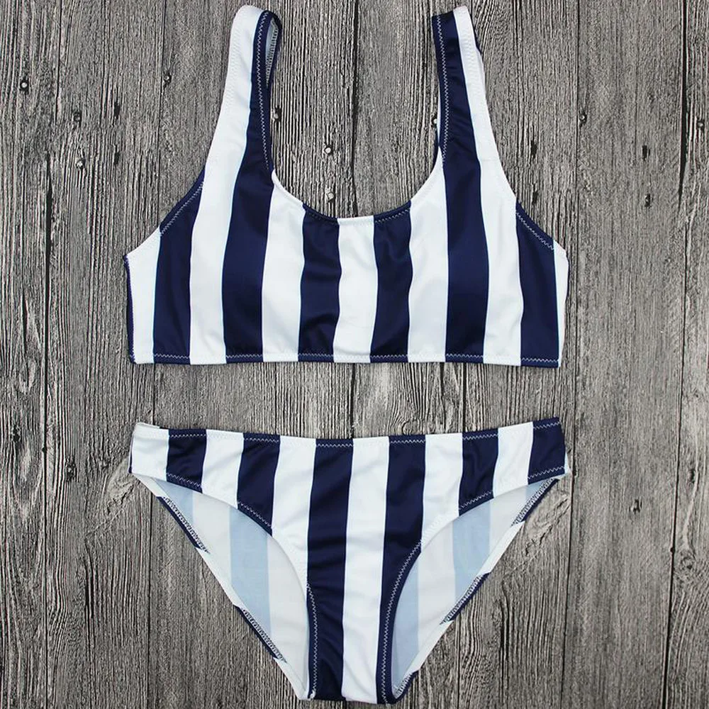 Stripe Print Bikini Set Swimwear Push-up Padded Bra Beachwear Swimsuit Women's Mid Waisted Biquini Shorts Off Shoulder Bikini