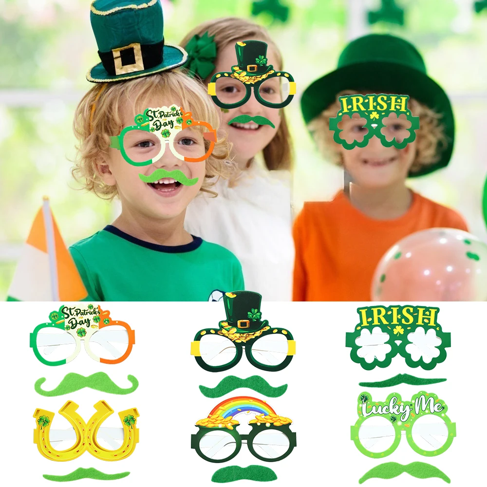 

12/24pcs St. Patrick Day Shamrock Paper Glasses Fake Green Mustaches Self Adhesive Set for Irish Clover Party Favors Photo Props