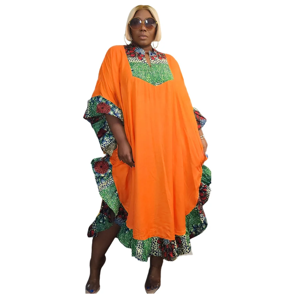 

Summer African Printed Dress Women Casual Loose Fit V Neck 3/4 Sleeve Ruffle Cape Long Maxi Dress Women Vestido