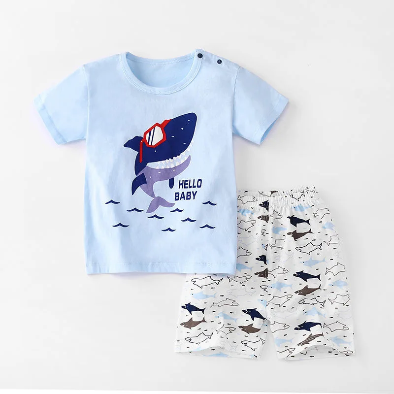 

ZWF1812 Kids Clothes Toddler Boys Solid Outfits Children's Suit Girls Summer Tees Suits 3-12Y Cotton Unisex T-shirt + Shorts