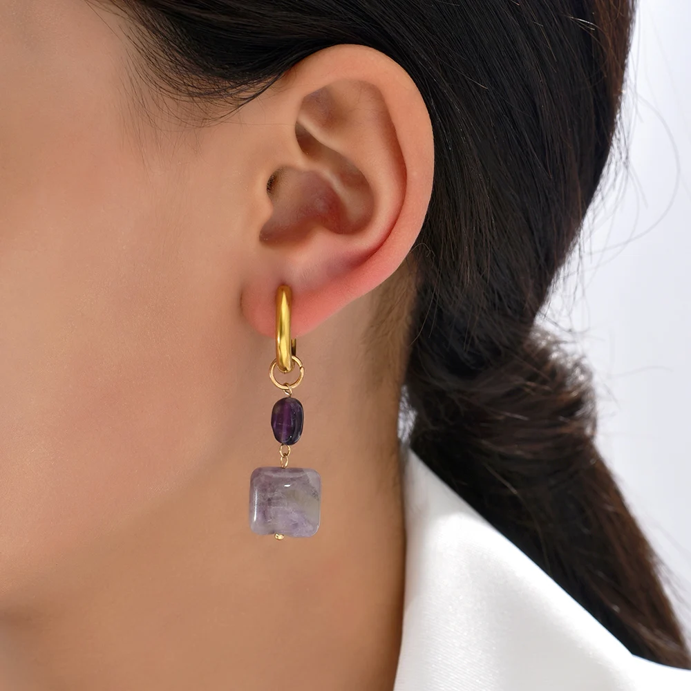 Multicolor Natural Stone Geometric Square Heart Beads Earring for Women Girls Stainless Steel Small Round Hoops Bohemia Jewelry