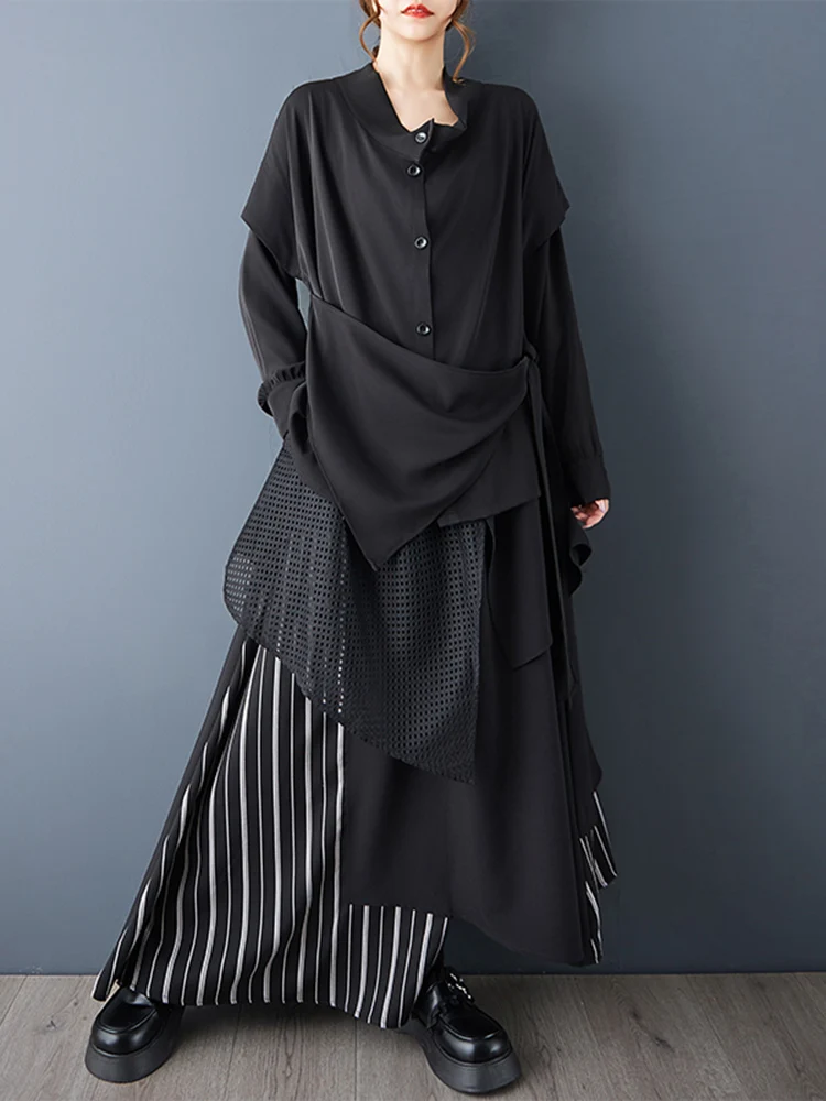 2025 Spring Autumn New Oversized Irregular Black Vintage Blouse Women Long Sleeve Loose Casual Shirt Top Lace-Up Fashion Clothes