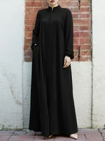 Muslim black dress with small stand-up collar and zipper pocket design  elegant loose and casual long-sleeved skirt